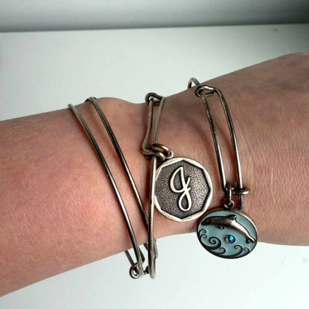 Alex and Ani Charm Bangle Bracelet Lot of 4 Silver Tone Dolphin Initial J
